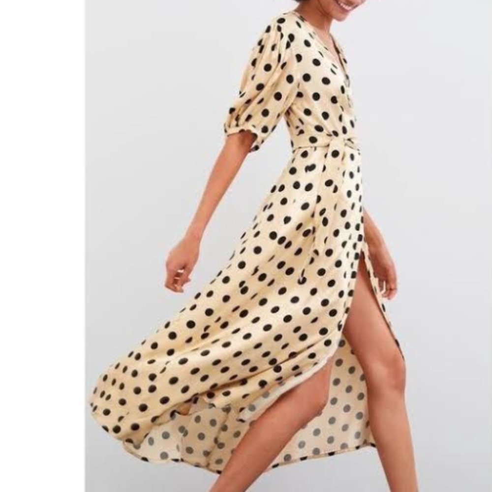 Zara, polka dot satin wrap dress puff sleeve champagne size XXL